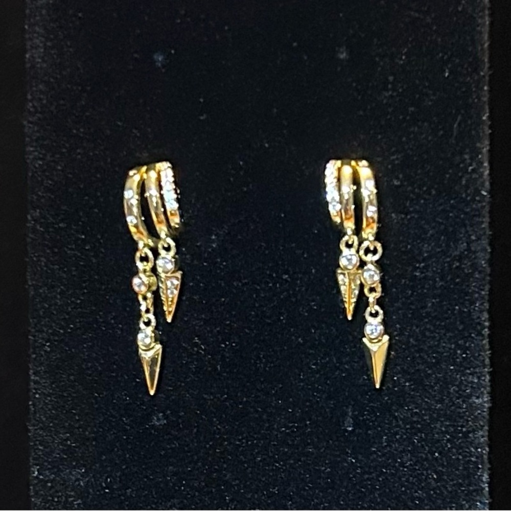 Gold CZ Hoop Huggie Earrings with Spike Dangles